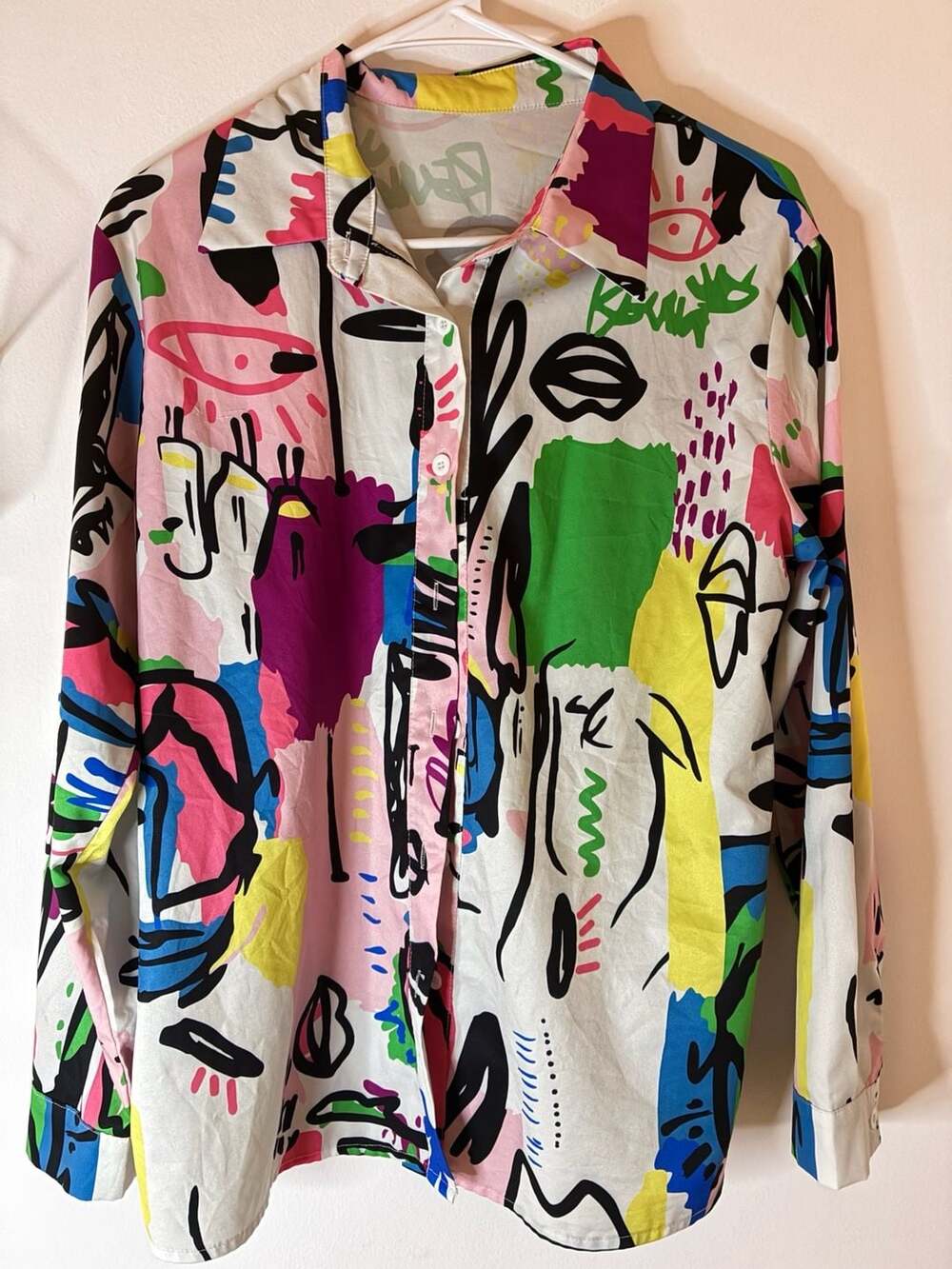 Women’s Button Down Blouse Size M Multicolor Graffiti Face Art